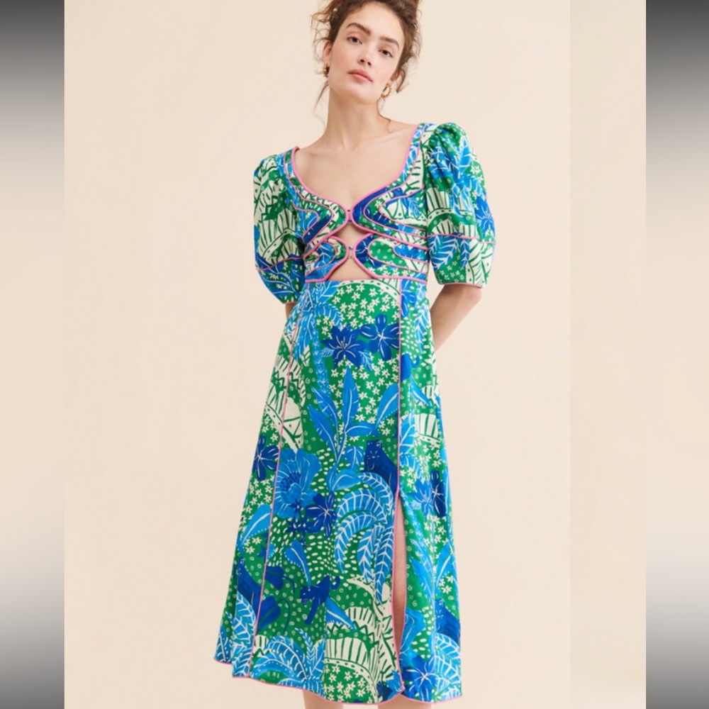 Farm Rio green jungle panther midi dress